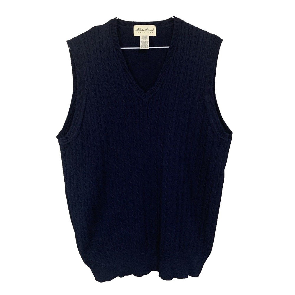 Eddie Bauer Knit Sweater Vest Men's Size M Navy Blue 100% Cotton Vtg Sleeveless